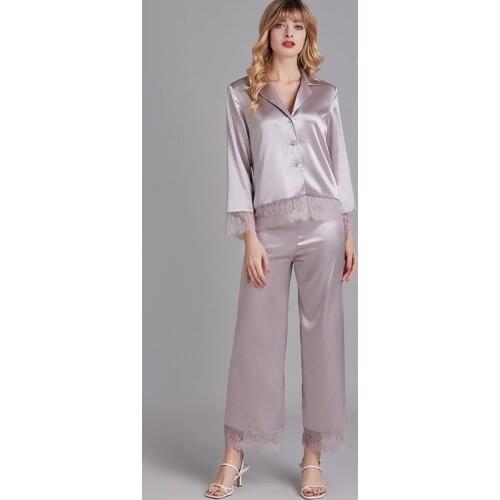2021 New Women Pajamas Set Lace Trim 2PCS Sleepwear Faux Silk Shirt&Pants Femme Loose Pijamas Suit Casual Trousers Suit