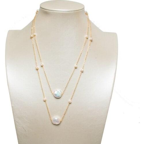 WT-JN140Wholesale newest double layer hand make freshwater pearl necklace fashion gold link chain connect pearl necklace