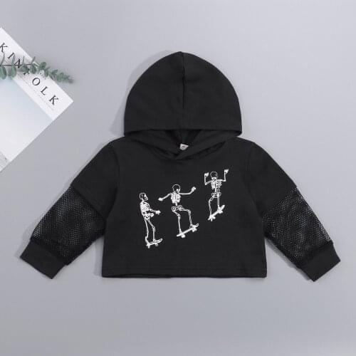 2-7Y Children Girls Boys Hoodie Spring Autumn Toddlers Skull Man Printing Mesh Splicing Long Sleeve Hooded Tops Casual Clothes