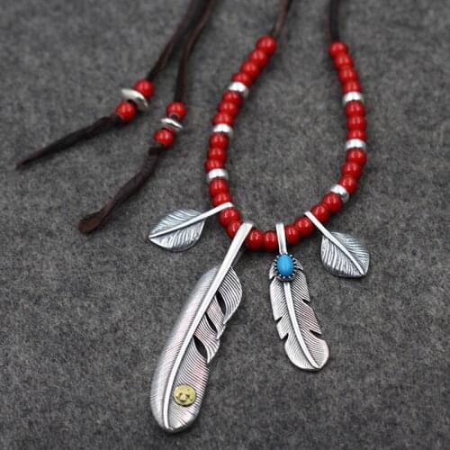 S925 Sterling Silver Takahashi Goro Thai Silver Retro Feather Pendant Men And Women Glass Beads Buckskin Rope A Set Necklace