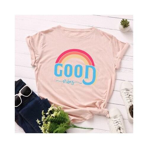 Plus Size S-5XL Cotton Women TShirts Letter Good Vibes Print Short Sleeve Tee Shirt Harajuku Rainbow Graphic Tops Female T-Shirt