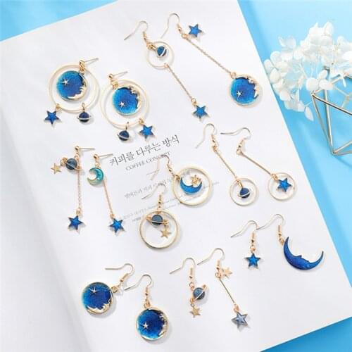 Fashion Korean Style Space Universe Star Moon Earrings Planet Asymmetric Jewelry For Women Girls Christmas Gifts