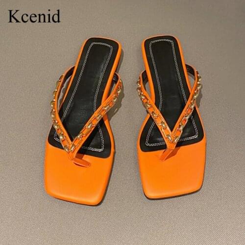 Kcenid Fashion Square Open Toe Flat Heel Women Mules Concise Shoes Metal Chain Design Flip Flops Slippers Outside Leisure Shoes