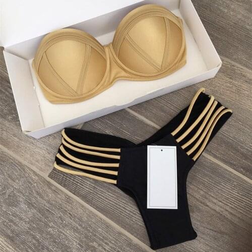 Sexy Bandeau Bikini Set Strapless 2019 New Female Swimsuit Thong Black Bikini Women Push Up Swimwear Backless Bathing Suit S02