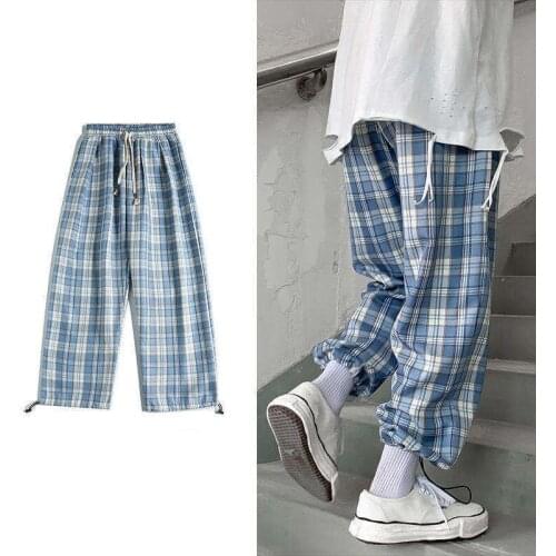 Streetwear Fashion Korean Style Plaid Pants Men Clothing Summer Loose Shrinkable Joggers Kpop Clothes Casual Straight-Leg Pants