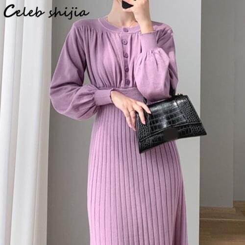 Autumn Purple Knit Dress for Woman Lantern Sleeve O-neck High Waist Long Sweater Dress Female Korean Woolen Dresses Female