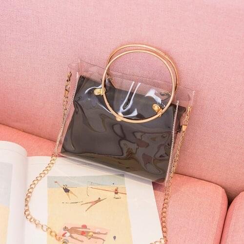 Women PVC Transparent Square Bag Clear Satchel Bag Crossbody Chain Small Jelly Ring Handle Handbags C66