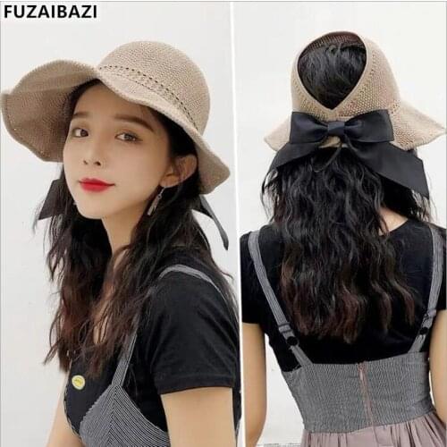 FUZAIBAZI Fashion New Womens Empty Top Hat Summer Anti-UV Sandy Beach Trend Straw Hats Adjustable Size Fold Sun Hat