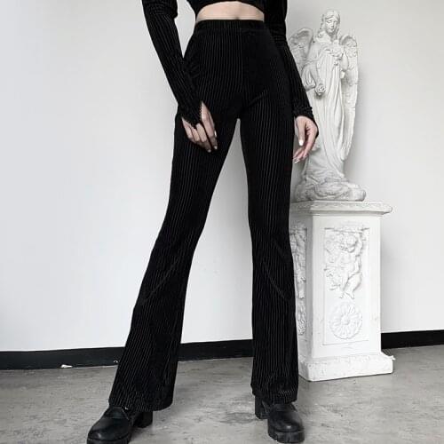 Y2K Goth Black High Waist Slim Fitted Skinny Long Flare Pants Harajuku Aesthetic Women 2021 Stretchy Trousers Streetwear E-Girl