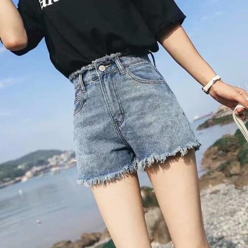 New 2020 Summer Vintage Curling Denim Shorts Women Button Zipper Pocket Elastic High Waist Jeans Short Female Hotpants