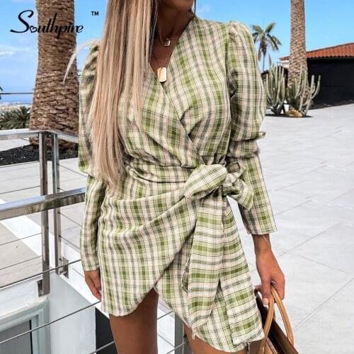 Southpire Womens Green Plaid Bow Tie Bodycon Dress Long Sleeve Office Ladies Warp Mini Party Dress Day Casual Autumn Clothing