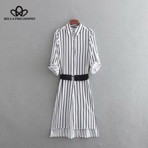 Bella Philosophy vintage sashes single breasted striped dress female office lady business wear casual slim split dress