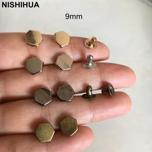 100 sets - Flat Metal Rivet Studs 9mm Hexagon Gold/Silver/Black,Thin Metal Studs For Hats Decoration,Shoes,Clothing,Bags Decor C