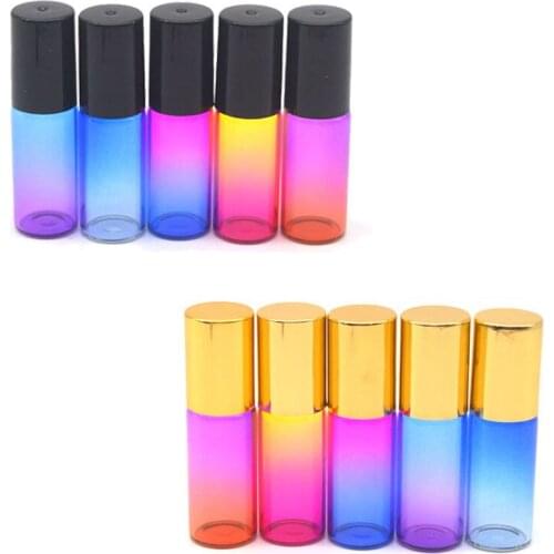 100pcs Empty Gradient Colorful 5ml Perfume Roll Vial Essential Oil Sample Roller travel Glass Bottle Black Gold Cap