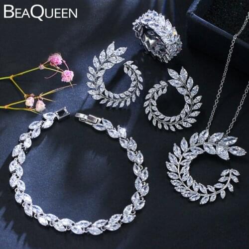 BeaQueen Charming Leaf Shape Marquise Cubic Zirconia Stones Ring Earrings Bracelet Necklace 4 Pcs Fashion Jewelry Sets JS106