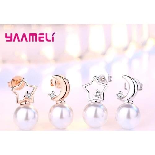 925 Sterling Silver Cute Pearl Stud Earrings For Women Girls Wedding Moon Star Design 2021 Trend Fashion Jewelry Wholesale