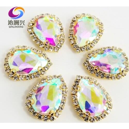 AB color Golden bottom Top grade Glass Crystal buckle,Drop shape sew on rhinestones,Diy wedding decoration 10pcs/pack SWSK06