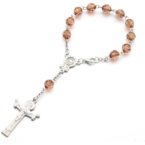 Acrylic Pearl Christian Catholic Religious Jesus Alloy Cross Rosary Bracelet