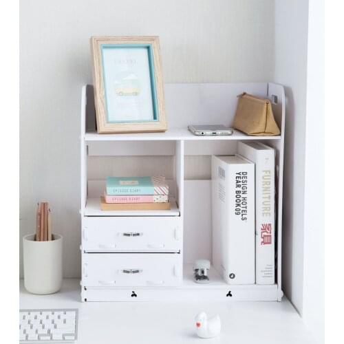 White Color 2 Drawers Bookcase Makeup Cosmetic Storage Box Rack Shelf Table Desktop Corner Organizer Home Decor