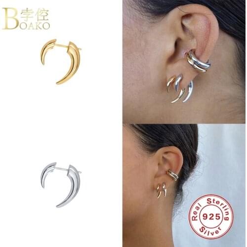 BOAKO S925 Silver Earrings For Women Gold Horns Pendiente Piercing Ohrringe Stud Earrings Brincos Aretes Girl Party Fine Jewelry