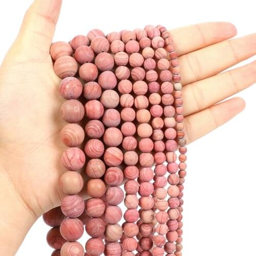Natural Stone Beads Frosted Rose Red Line Stone Charm Round Loose Beads for Jewelry Making Needlework Bracelet DIY 4-12 MM