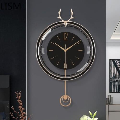 Wall Clock Mechanism with Pendulum Round Wall Clock Quartz Silent Nordic Light Luxury Deer Head Creative Home Decor Reloj Pared