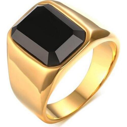 Black Stone Ring for Men Quality Gold-Color Titanium Engagement Ring Stainless Steel Wedding Ring