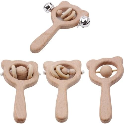Baby Toys Wooden Beech Wood Bear Hand Teething Ring Baby Rattles Can Chew Beads Play Gym Montessori Stroller Toys