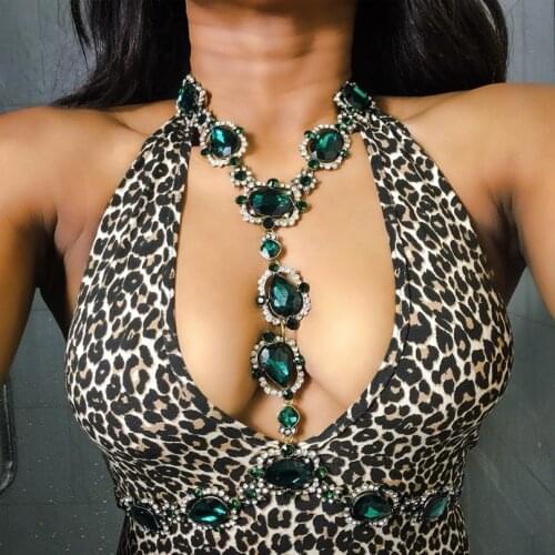 Dvacaman Boho Green Crystal Rhinestone Body Necklace for Women Body Jewelry Waist Chain Necklace Large Choker Statement Necklace
