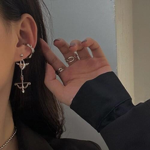 FFLACELL 2021 NEW Fashion Hip Hop Punk Silver Colour Wing Love Heart Cupids Arrow Drop Earrings for Women Girls Party Jewelry