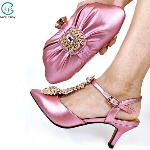 Italian Design Lastest Fashion Noble Luxury Style Women Shoes and Bag Set Decorated With Rhinestone in Pink Color for Party