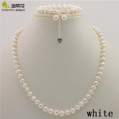 Natural Freshwater Pearl 7-8mm S925 Silvers Button White Pink Purple Mixed Color Necklace Bracelet Fine Jewelry Sets for Women
