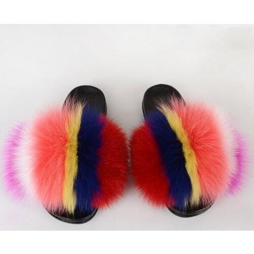 Summer Childrens Colorful Fox Fur Slippers Girls Fluffy Sandals Kids Luxury Furry Slides Baby Fashion Shoes Plush Flip Flops