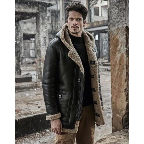 Men Winter Thicker Fur one Leather Jacket Hooded Long Sheepskin Leather Coat High-end Genuine Leather Outwear coats S-6XL