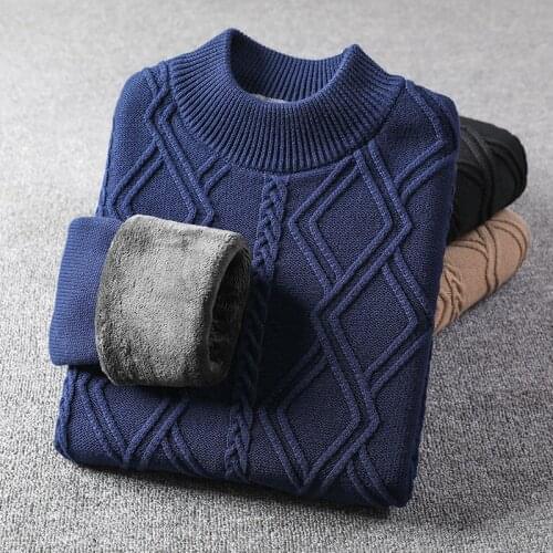 Plus Velvet Mock Neck Sweater Men Korean Clothes 2020 Winter New Knit Pullover Warm Flannel Lining Sweater Jumper Sueter Hombre