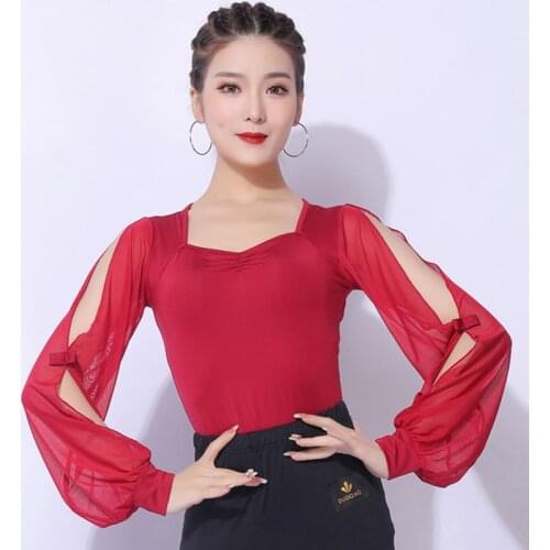 New Latin Dance Clothes Female Women Tops Ballroom Dancing Shirt Long Sleeve Mesh Tango Waltz Performance Costume Adult VDB3348