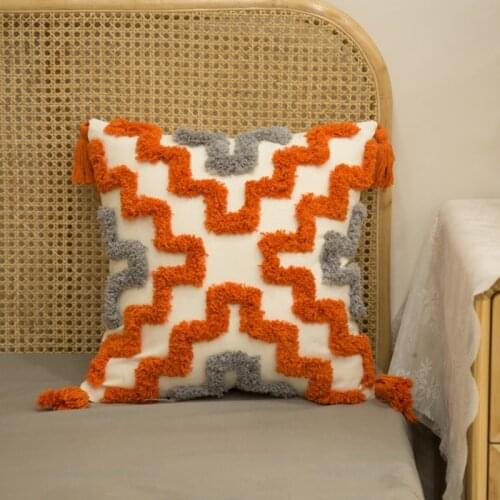 Orange Gray Tufted Pillow Case with Tassel Boho Woven Geometric Cushion Cover N0PA