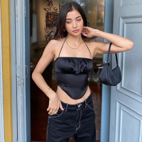 Sexy Halter Satin Top Wrap Sling Camisole Black Slim Backless Open Shoulder Sleeveless Summer Tops For Women 2020 Cropped