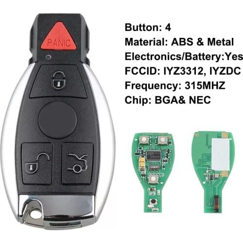 Smart key 4button BGA& NEC Chip remote key with 315mhz IYZ3312, IYZDC For Mercedes Benz C240C280C320 etc Car Remote Controller