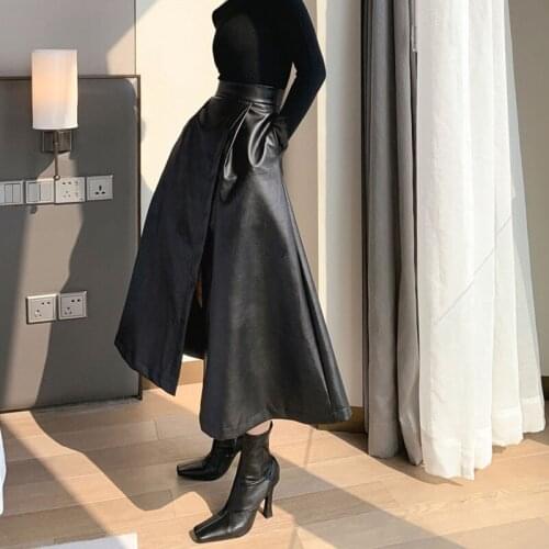 Black Leather Skirts Womens High Quality Autunm Winter Fashion A Line High Waist Split Pu Faux Leather Skirt Faldas Largas Mujer