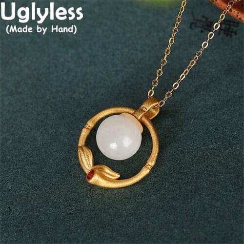 Uglyless Lamp Natural Hotan Jade Balls Pendants for Women Ethnic Gold Leaves Necklaces NO Chains 925 Sterling Silver Jewelry