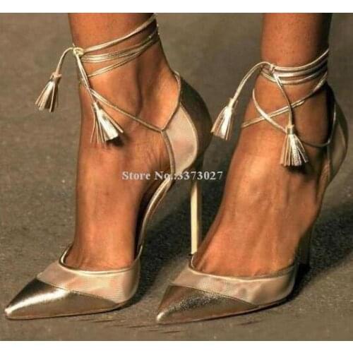 New Champagne Gold Net Decor Women Pumps Shoes Sexy Pointed Toe Lace-up Tassel Single Shoes Lady Real Photos Dress High Heels
