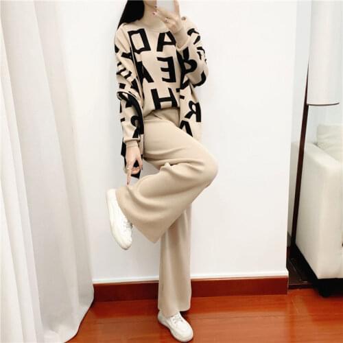 Spring Autumn 3 Piece Sets Print Long Sleeve Top + Wide Leg Pants Suits Korean Knit Casual Clothing Women Sets Femme Y456