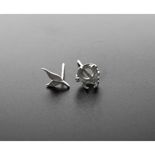 1Pair 7MM Round Bezel Solid 925 Sterling Silver Mermaid Fish Tail Studs Earrings Settings DIY Supplies Findings 1702199