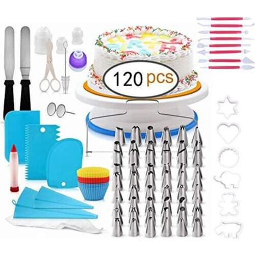 120 Pcs Cake Decorating Kit Baking Supplies Set with Bonuses Total Bakeware Set with Turntable Spatula Piping Bags and Tips