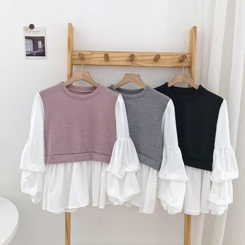 Korean Fashion Patchwork Blouses Spring New Fake Two O-Neck Puff Sleeve Blouses Tops Casual College knitted Shirt Women Clothes