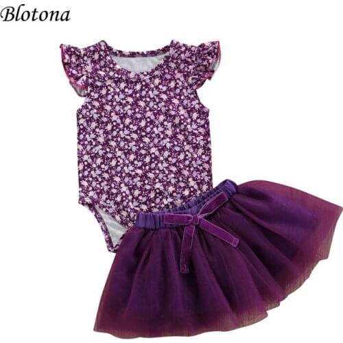Blotona 2Pcs Baby Summer Outfits, Floral O-Neck Ruffle Fly Sleeves Romper+Elastic Tutu Skirt with Bowknot for Girls, 0-24 Months