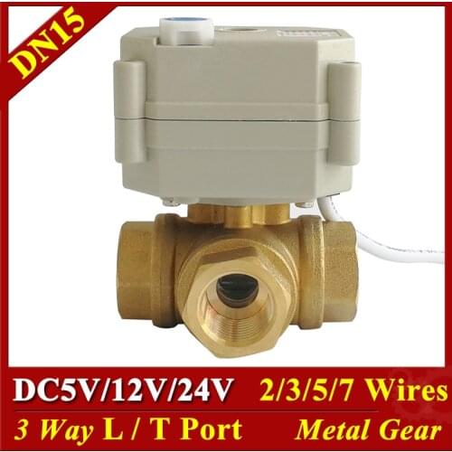 12V 24V Electric Valve DC5V DC12V DC24V 2/3/5/7 Wires 3 Way Brass DN15 1/2'' Horizontal L Port T Port Water Motorized Valve