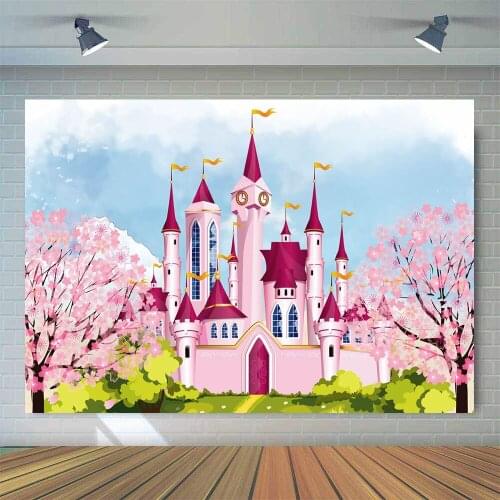 Castle Backdrop for Photography Girl Cartoon Cherry Blossoms Theme Birthday Party Decoration Newborn Children Photo Background