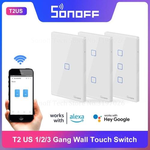 Itead Sonoff New T2US 1/2/3 Gang 433Mhz Wall Touch Switch RF Remoted Controlled Wifi Switch Works With Alexa Google Home IFTTT